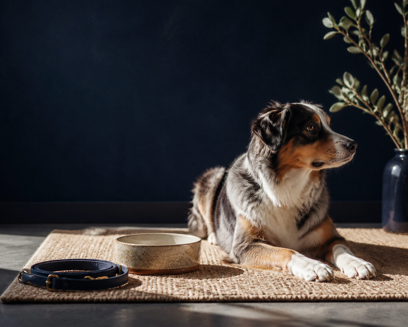 A calm dog beside a ceramic bowl and coiled lead